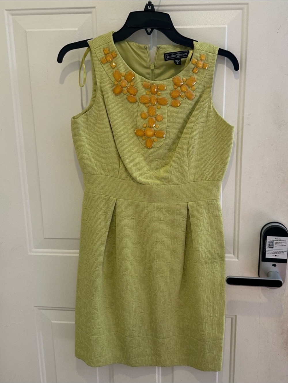 Jessica Howard Lime Green Sleeveless Sheath Dress with Yellow Bead Accents